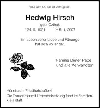 Traueranzeige von Hedwig Hirsch von HNA