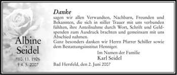 Traueranzeige von Albine Seidel von HNA