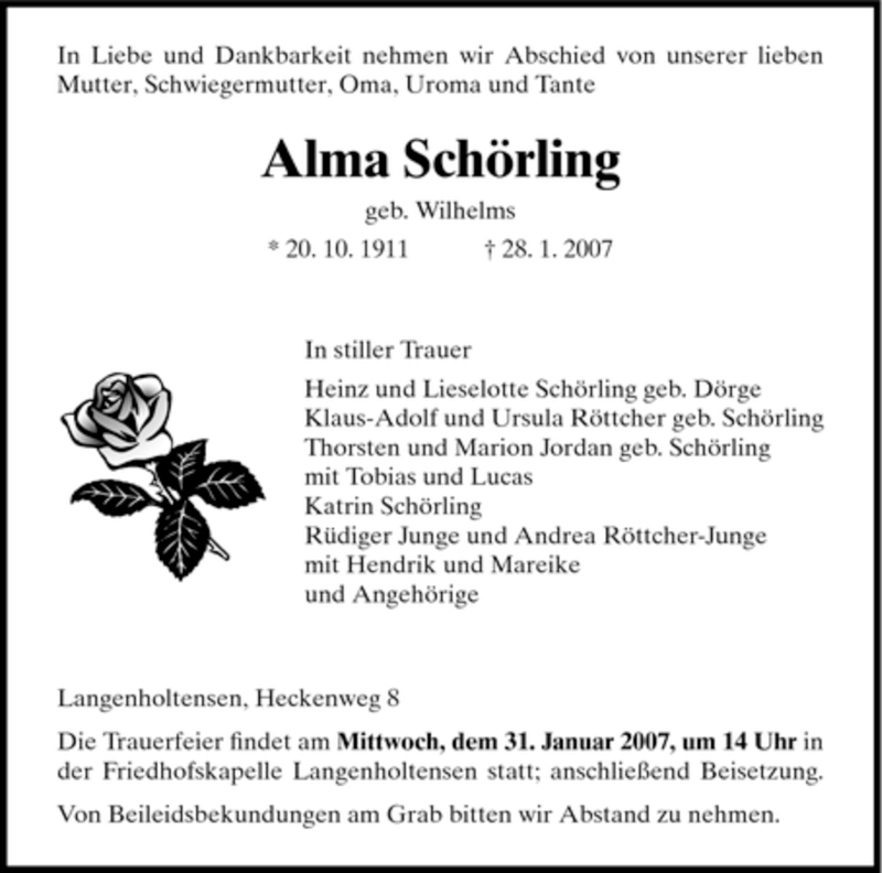  Traueranzeige für Alma Schoerling vom 30.01.2007 aus HNA