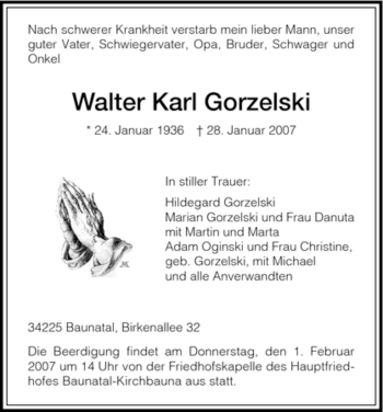 Traueranzeige von Walter Karl Gorzelski von HNA