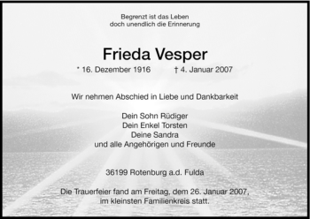 Traueranzeige von Frieda Vesper von HNA