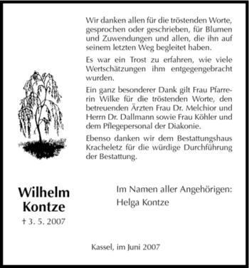 Traueranzeige von Wilhelm Kontze von HNA