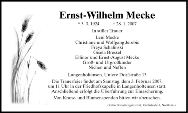  Traueranzeige für Ernst-Wilhelm Mecke vom 31.01.2007 aus HNA
