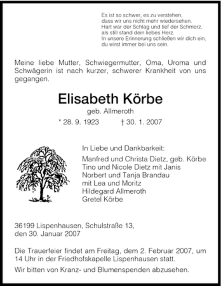  Traueranzeige für Elisabeth Koerbe vom 01.02.2007 aus HNA