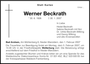 Traueranzeige von Werner Beckrath von HNA