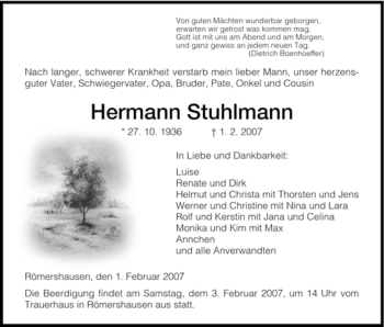 Traueranzeige von Hermann Stuhlmann von HNA