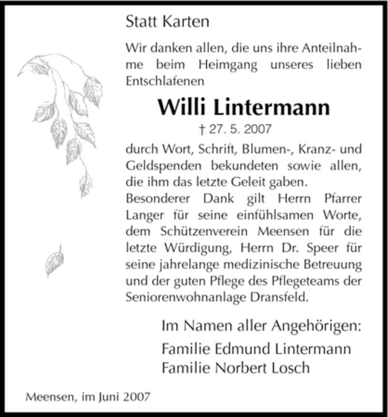  Traueranzeige für Willi Lintermann vom 16.06.2007 aus HNA