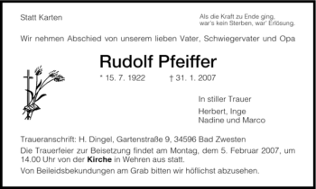 Traueranzeige von Rudolfm Pfeiffer von HNA