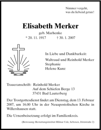 Traueranzeige von Elisabeth Merker von HNA