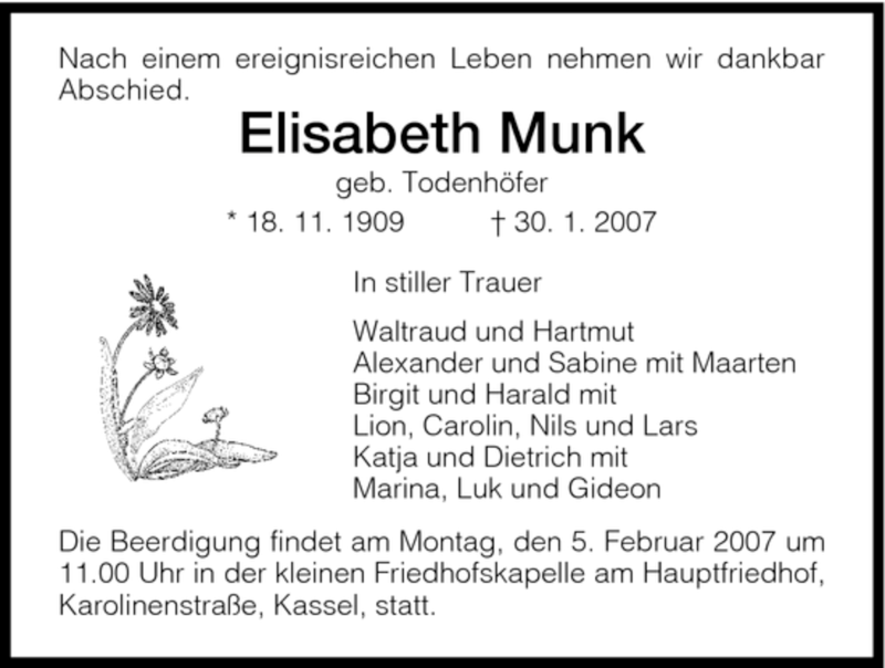  Traueranzeige für Elisabeth Munk vom 03.02.2007 aus HNA