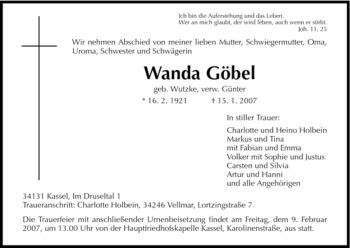 Traueranzeige von Wanda Goebel von HNA