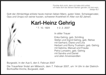 Traueranzeige von Karl-Heinz Gehrig von HNA