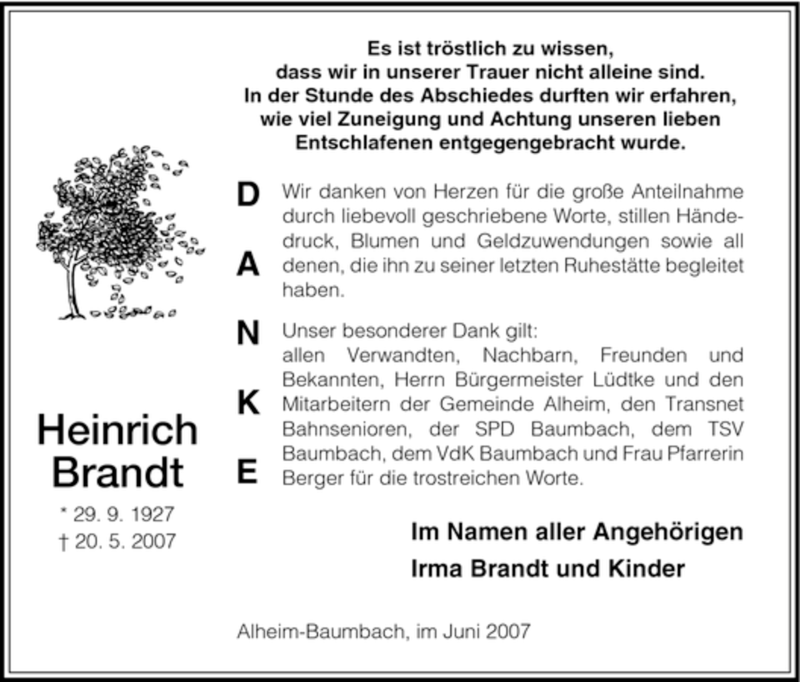  Traueranzeige für Heinrich Brandt vom 23.06.2007 aus HNA