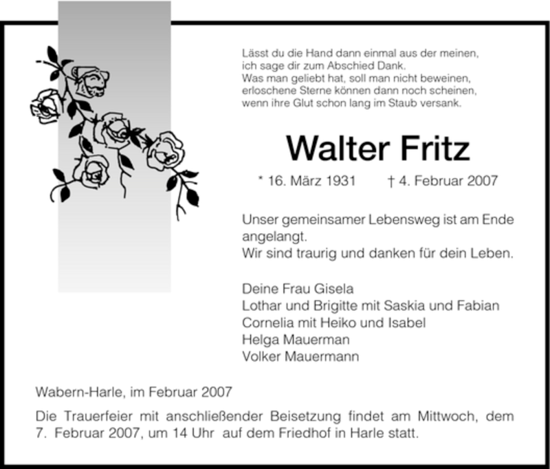  Traueranzeige für Walter Fritz vom 06.02.2007 aus HNA