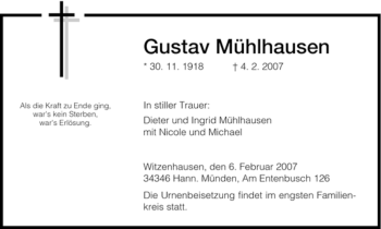 Traueranzeige von Gustav Muehlhausen von HNA