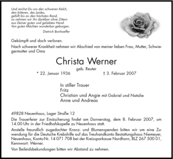 Traueranzeige von Christa Werner von HNA