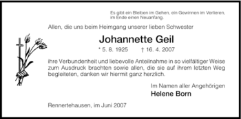 Traueranzeige von Johannette Geil von HNA