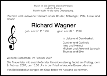 Traueranzeige von Richard Wagner von HNA
