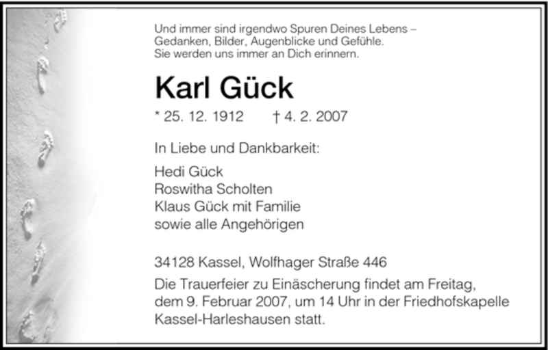  Traueranzeige für Karl Gueck vom 07.02.2007 aus HNA