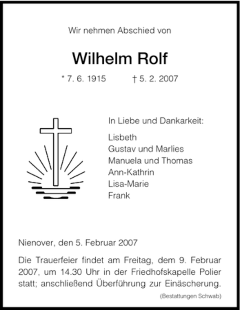  Traueranzeige für Wilhelm Rolf vom 07.02.2007 aus HNA