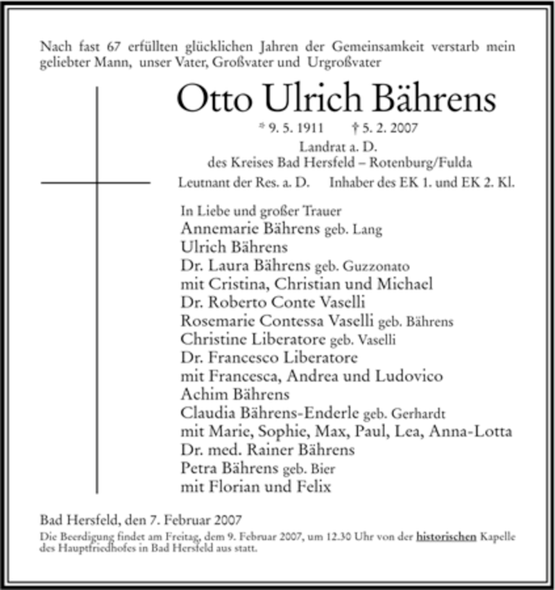  Traueranzeige für Otto Ulrich Bahrens vom 07.02.2007 aus HNA