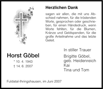 Traueranzeige von Horst Göbel von HNA