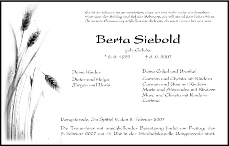  Traueranzeige für Berta Siebold vom 08.02.2007 aus HNA