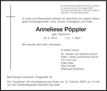 Traueranzeige von Anneliese Poeppler von HNA
