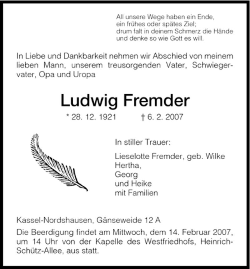  Traueranzeige für Ludwig Fremder vom 09.02.2007 aus HNA
