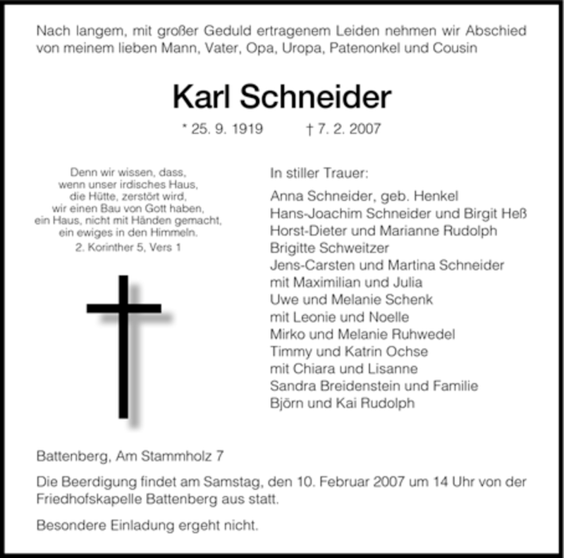  Traueranzeige für Karl Schneider vom 09.02.2007 aus HNA