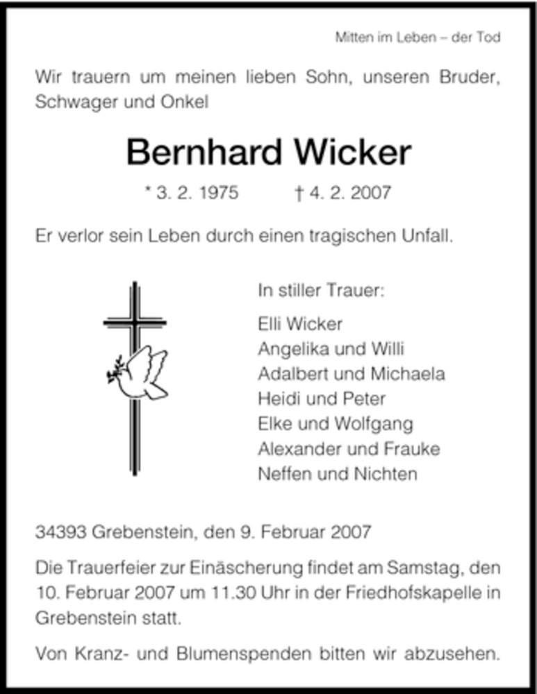  Traueranzeige für Bernhard Wicker vom 09.02.2007 aus HNA