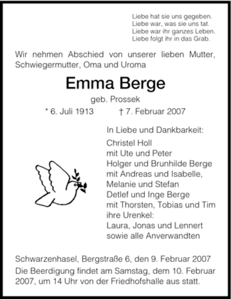  Traueranzeige für Emma Berge vom 09.02.2007 aus HNA