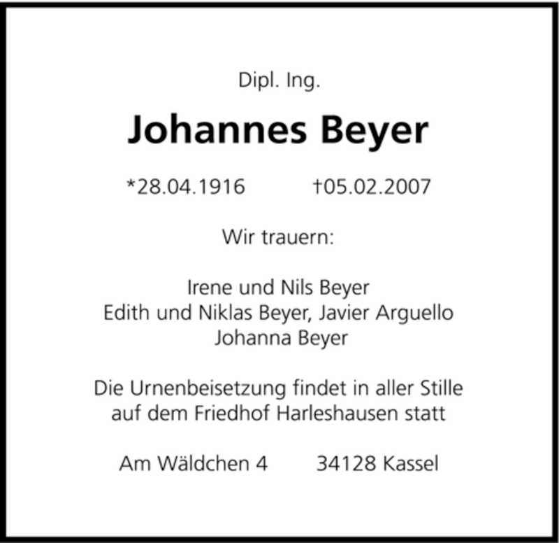  Traueranzeige für Johannes Beyer vom 10.02.2007 aus HNA