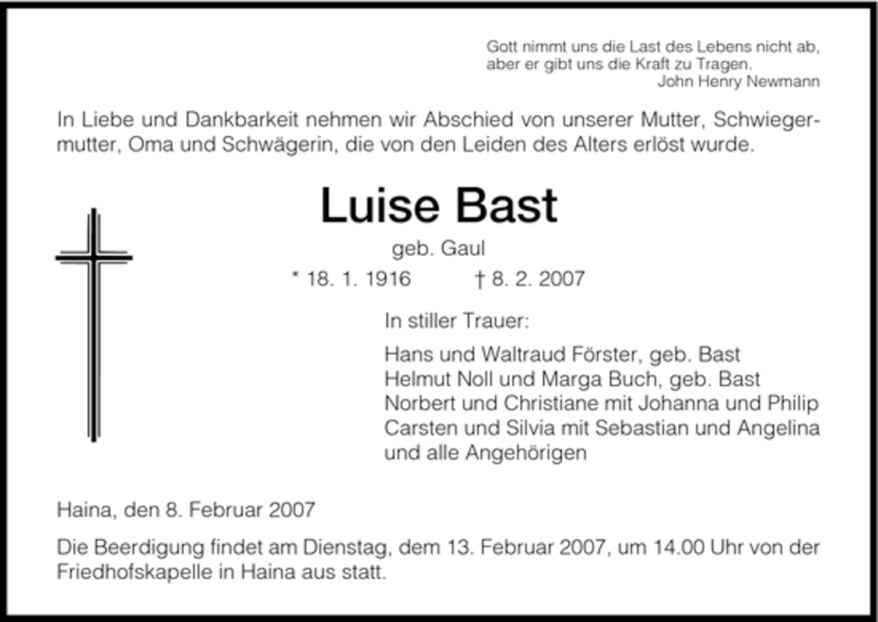  Traueranzeige für Luise Bast vom 10.02.2007 aus HNA