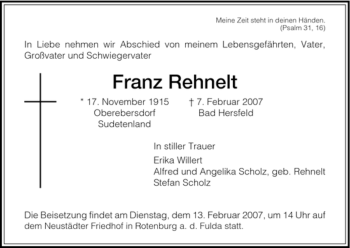 Traueranzeige von Franz Rehnelt von HNA