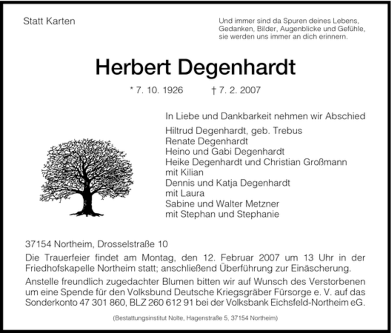  Traueranzeige für Herbert Degenhardt vom 10.02.2007 aus HNA