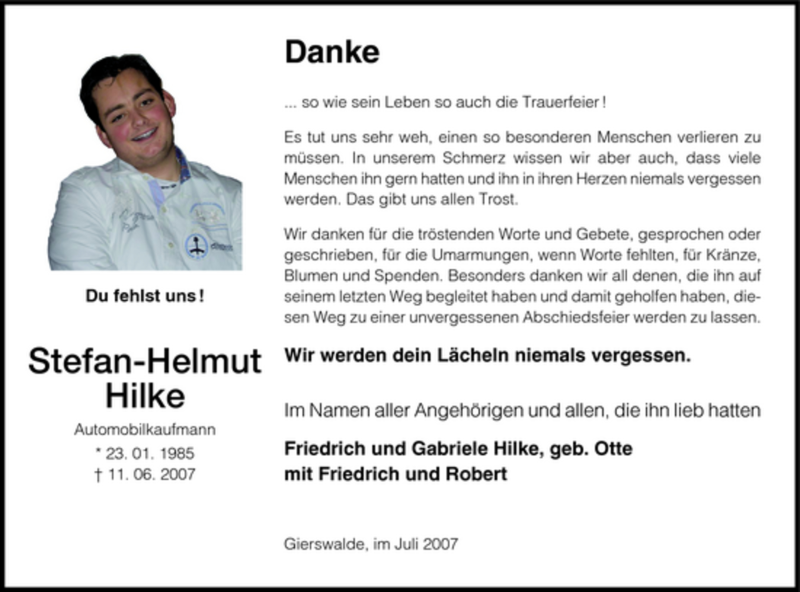  Traueranzeige für Stefan-Helmut Hilke vom 07.07.2007 aus HNA