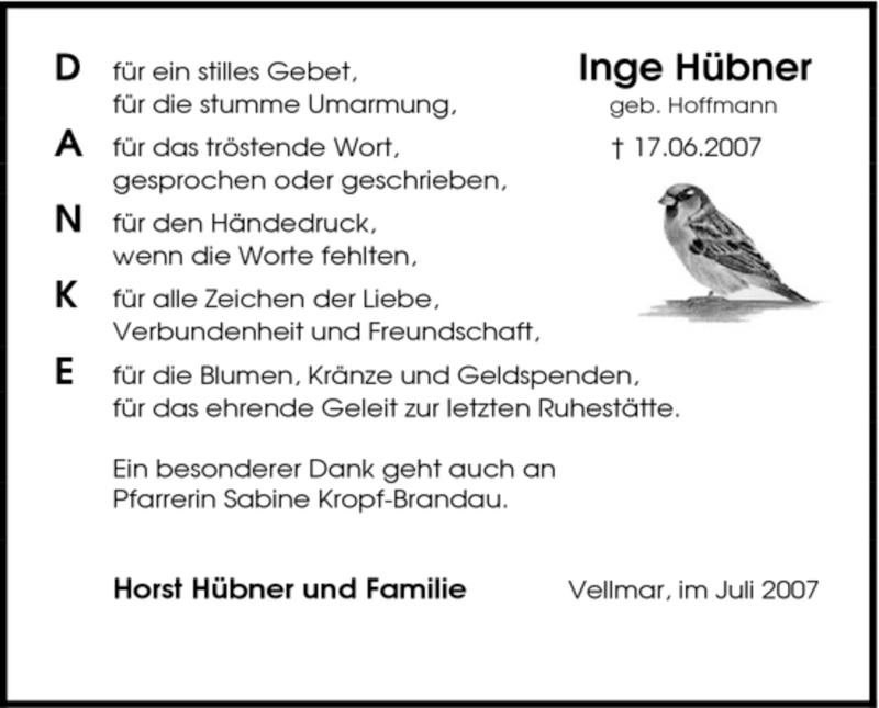  Traueranzeige für Inge Hübner vom 07.07.2007 aus HNA