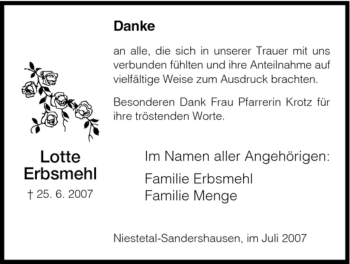 Traueranzeige von Lotte Erbsmehl von HNA