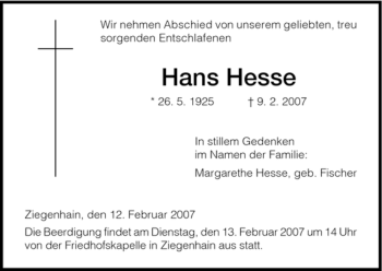 Traueranzeige von Hans Hesse von HNA