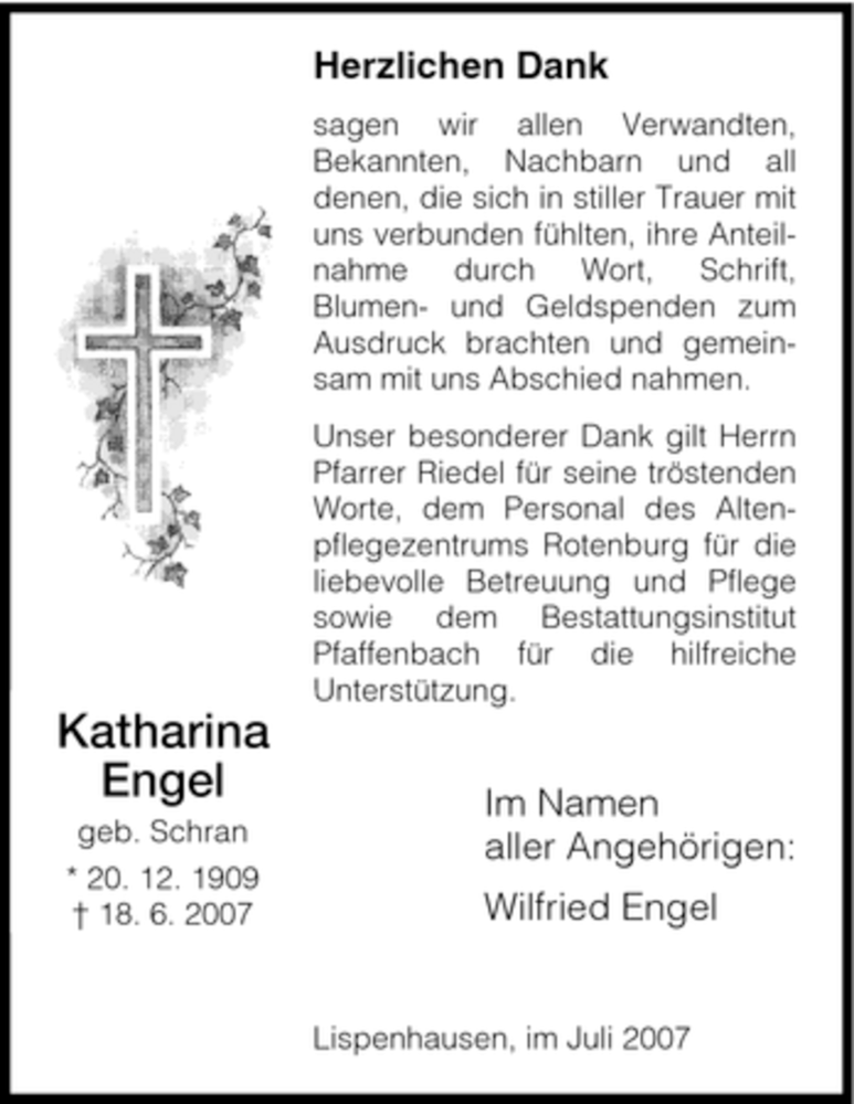  Traueranzeige für Katharina Engel vom 14.07.2007 aus HNA