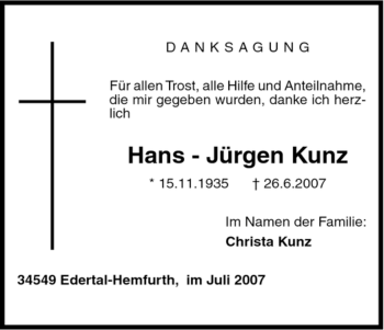 Traueranzeige von Hans - Jürgen Kunz von HNA