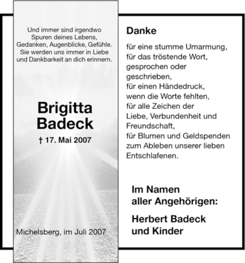 Traueranzeige für Brigitta Badeck vom 14.07.2007 aus HNA