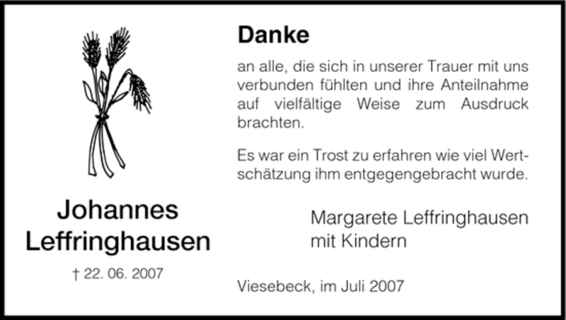  Traueranzeige für Johannes Leffringhausen vom 14.07.2007 aus HNA
