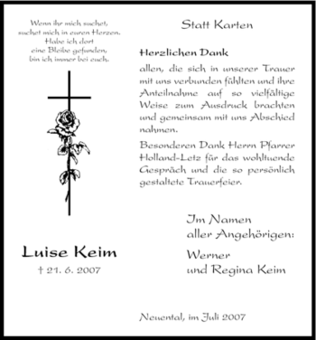 Traueranzeige von Luise Keim von HNA