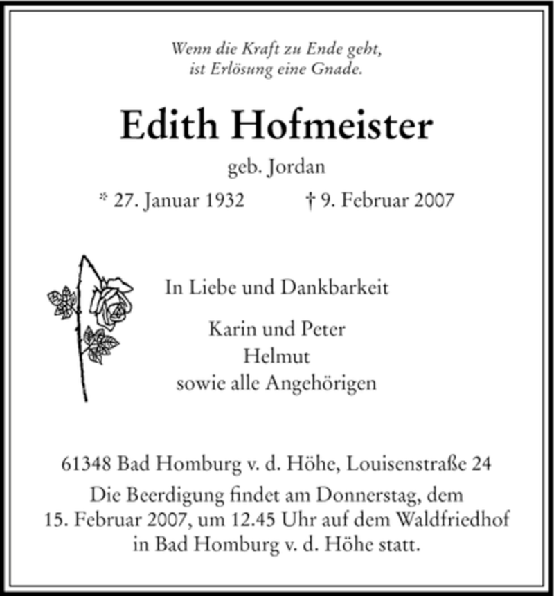  Traueranzeige für Edith Hofmeister vom 13.02.2007 aus HNA