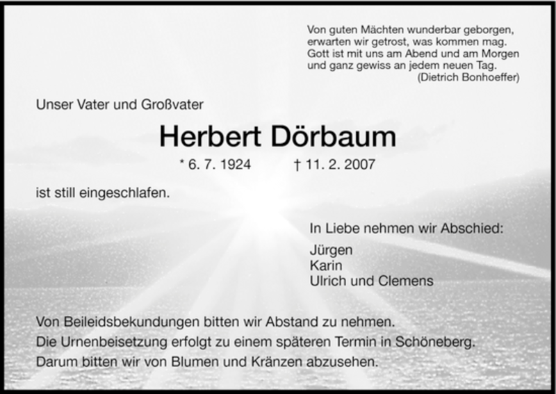  Traueranzeige für Herbert Doerbaum vom 13.02.2007 aus HNA