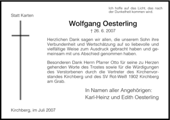 Traueranzeige von Wolfgang Oesterling von HNA