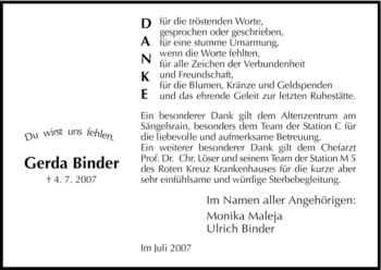 Traueranzeige von Gerda Binder von HNA