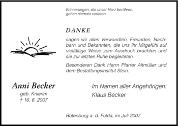 Traueranzeige von Anni Becker von HNA